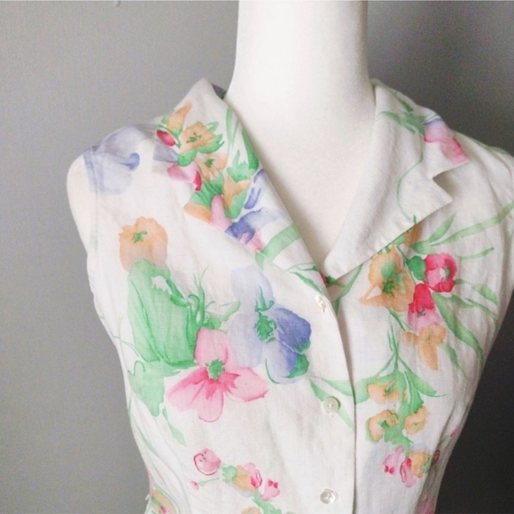 Vintage Linen Cottagecore Floral Sleeveless Button Down Blouse Top - Picture 3 of 6